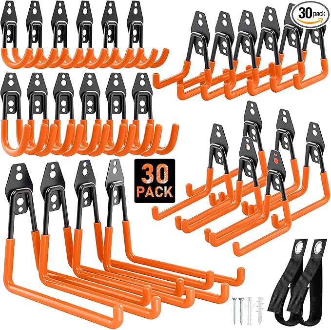 Housolution Steel Garage Hooks - 30Pack Anti-Slip Coating, Heavy Duty Wall Mount Hooks for Bikes, Garden Tools, Ladders, Hose, Bulk Items Ropes, Garage Tool Organizer with Extension Cord Wrap, Orange