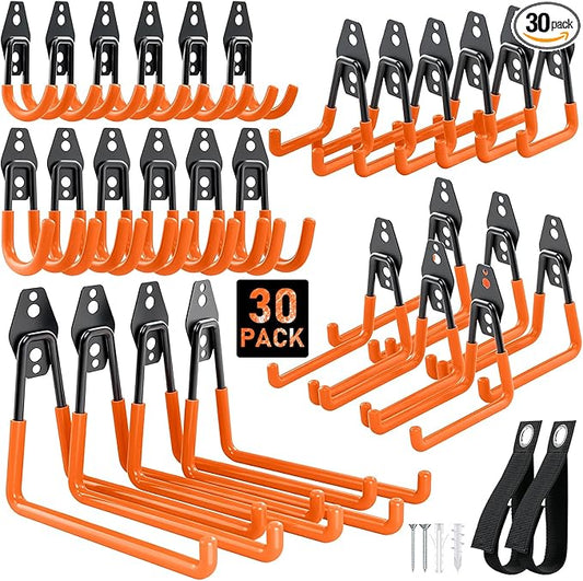 Housolution Steel Garage Hooks - 30Pack Anti-Slip Coating, Heavy Duty Wall Mount Hooks for Bikes, Garden Tools, Ladders, Hose, Bulk Items Ropes, Garage Tool Organizer with Extension Cord Wrap, Orange