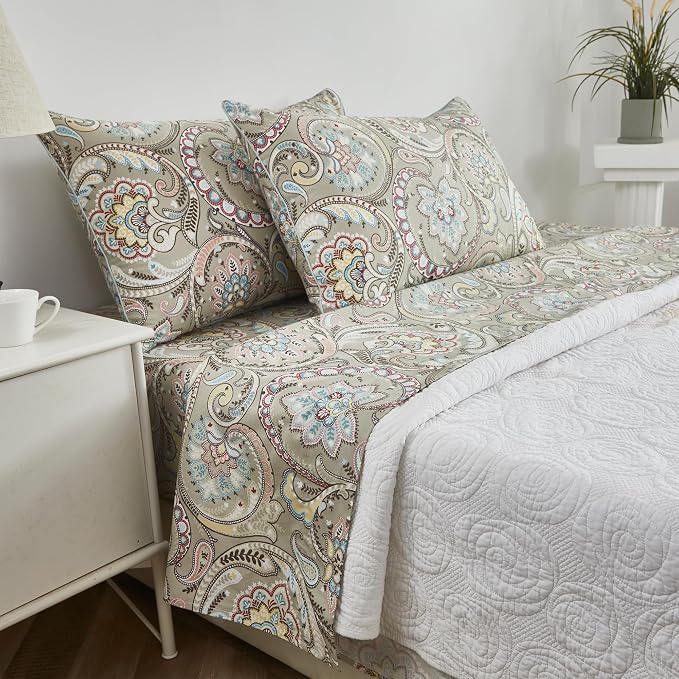 FADFAY Paisley Sheets Set Twin Vintage Floral Bedding Set 100% Egyptian Cotton Soft Breathable Bed Sheets Luxury 17.7“ Deep Pocket Fitted Sheet Shabby Beige Boho Style for All Season, Twin Size