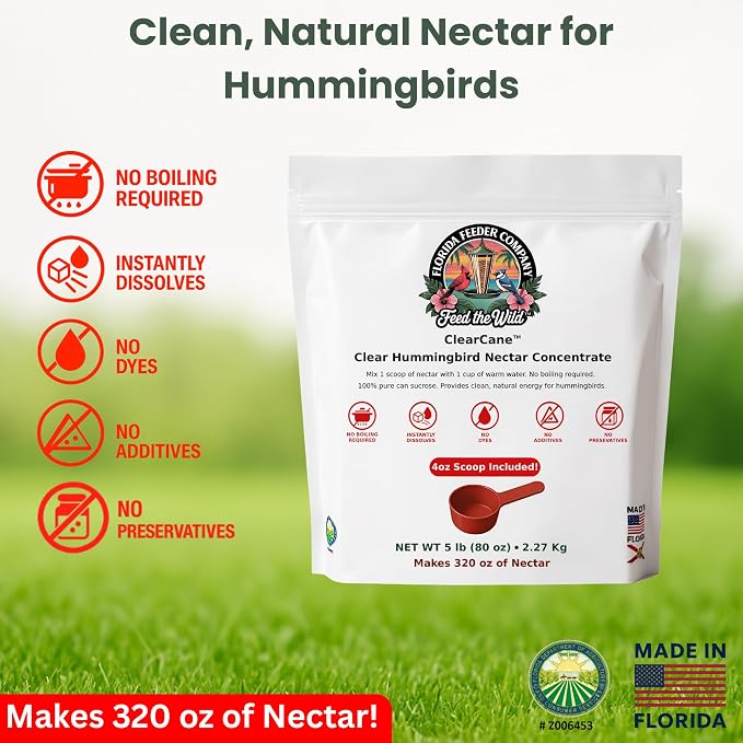 Clear Hummingbird Nectar Powder Concentrate – Natural, Bird Safe Hummingbird Food – Pure Cane Sugar, No Dyes, Easy Mix, 5 lbs Makes 320 oz