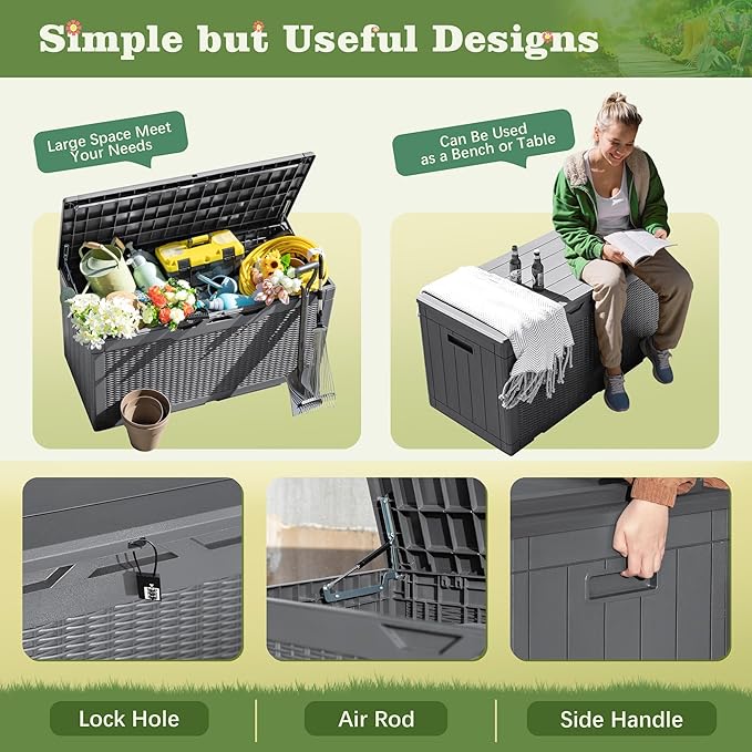 Flamaker Outdoor Storage Box 100 Gallon Waterproof Resin Deck Box Delivery Box with Air Rod Indoor Outdoor Lockable Storage Bench for Patio Cushions, Tools, Pool Accessories (Gray)