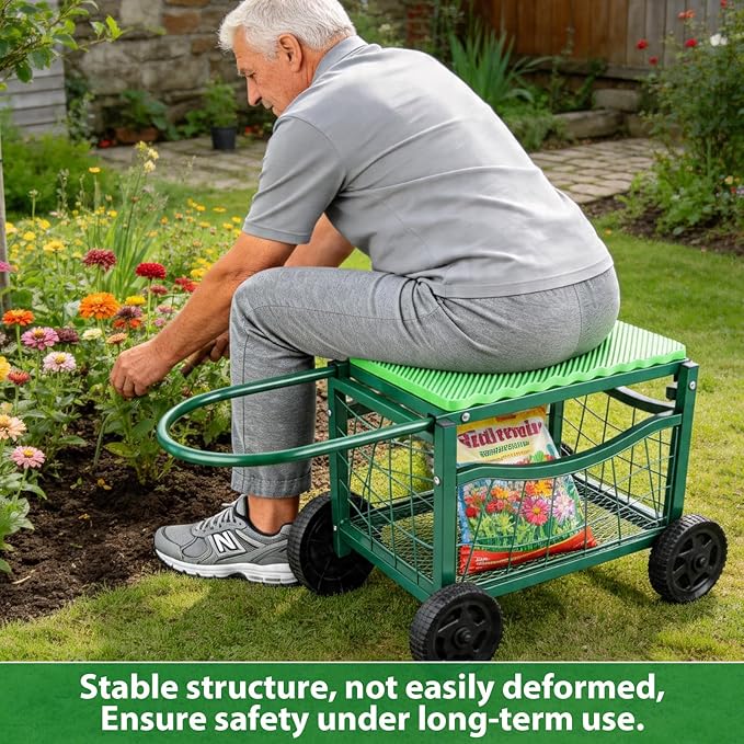 Garden Rolling Work Seat with Wheels | Padded Foam Cushion, Hold Max. 350Lbs