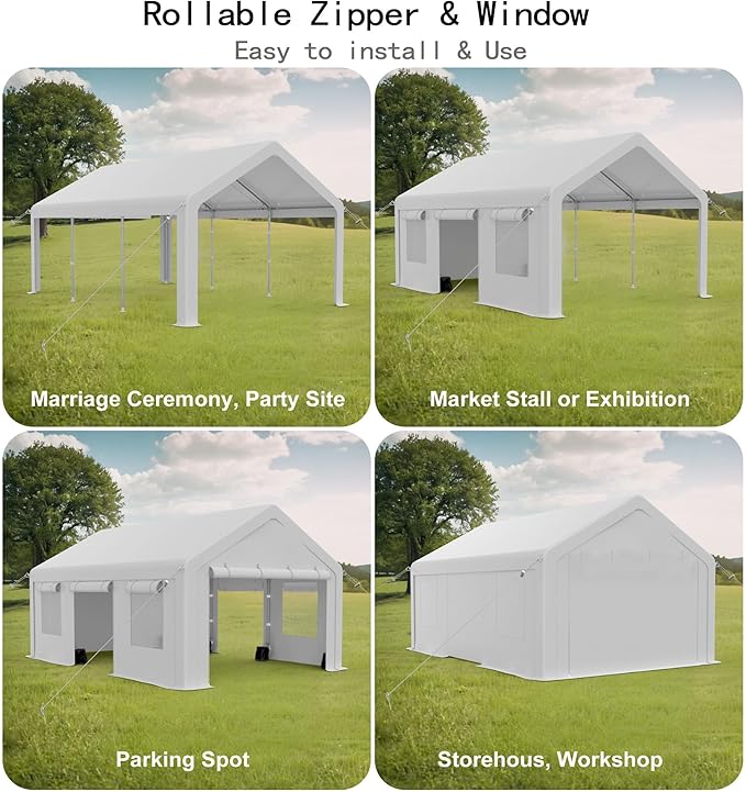 12x20Ft Heavy-Duty Carport, Portable Garage Tent with 2 Roll-Up Doors & 4 Windows, Waterproof & UV-Resistant, All Weather Outdoor Car Port for Pickups, Bass Boats, Tractors, and SUVs, White