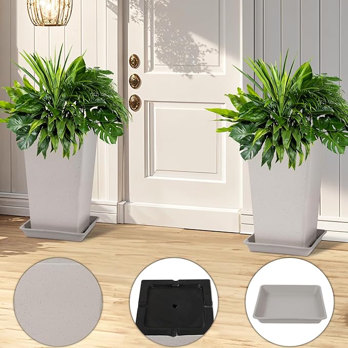 Neoaider Set of 2 Tall Planter, 21 inch Large Plastic Planter with Drain Hole & Saucers, Large Outdoor Planters for Porch, Garden, Patio, Balcony(Light Gray)