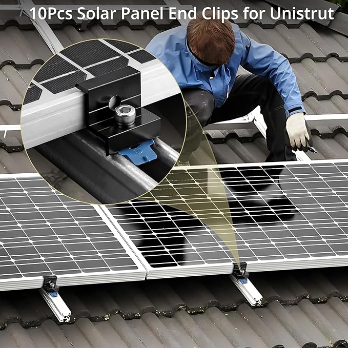 Anbte 10pcs Solar Panel End Clamp for Standard Unistrut, Aluminum 30mm/35mm Solar Panel Brackets with Nuts Bolts, Solar Panel Mounting Kit for Metal Roof, Tin Roof, Flat Roof, Sheet Roof, Black