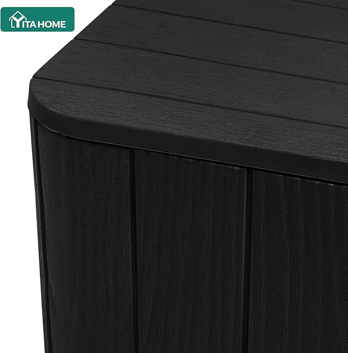 YITAHOME Resin Outdoor Deck Box, 11.5 Gallon Outdoor Storage Box with Removable Lid, Waterproof Outdoor Side Table for Cushions, Pool Supplies(Black, Wood Panel)