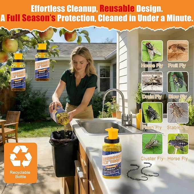 4 Pack Fly Trap with 4 Natural Fly Mixture,Reusable Outdoor Hanging Ranch Horse Fly Trap Bottle Catcher Jar Killer Control Hunter for Outside, Orchard, Patio, Garden