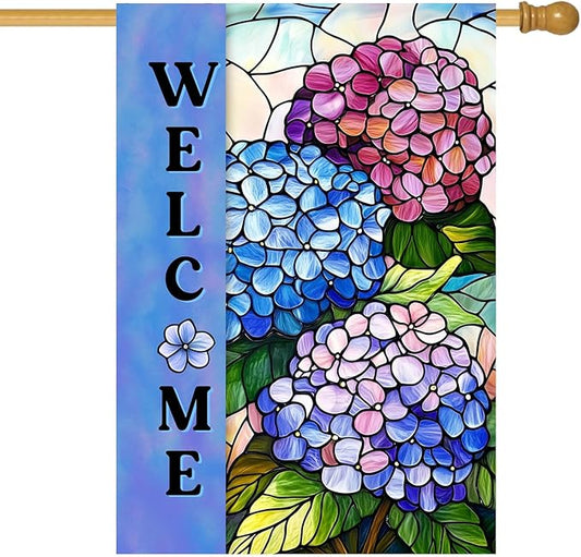 Hydrangea Spring Summer House Flag 28 x 40 Double Sided for Outside Stained Glass Flower Garden Decor Blue Floral Welcome Outdoor Yard Banner