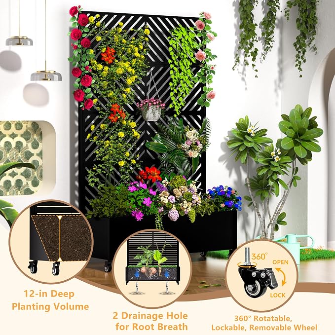 MTART Metal Planter Box with Trellis, 72.1"x47.2"x16" Outdoor Galvanized Raised Garden Bed with Privacy Screen & Drainage Holes & Lockable Casters for Climbing Plants, Vegetable (Arrow-Black1)