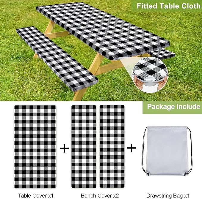 Play Tailor Picnic Table Cover with Bench Covers Camping Essentials Waterproof Windproof Camping Tablecloth with Drawstring Bag, Fitted Rectangle Tables and Seats, 72in, White Black Checkered