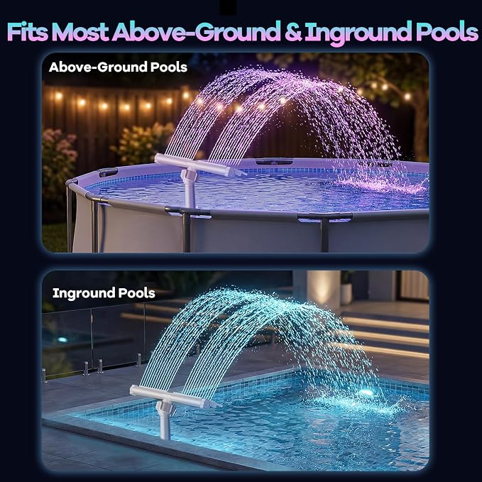 Solar Pool Fountain for Above Ground and Inground Pools with 9-Color Auto-Sensing Lights, High-Pressure Dual Spray Waterfall and 360° Adjustable Sprinkler Cools by 10-20°F for Relaxation