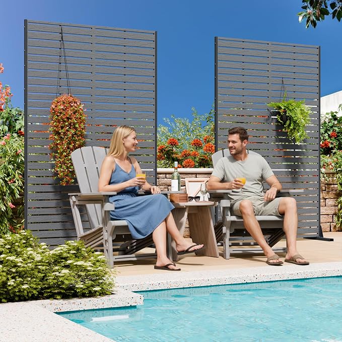 Privacy Screen Outdoor 72" Hx47 W Freestanding Privacy Panel with Stand, HDPE Decorative Privacy Fence with Sandblasting Louver Pattern, Patio Divider Screen, Privacy Screens for Outside