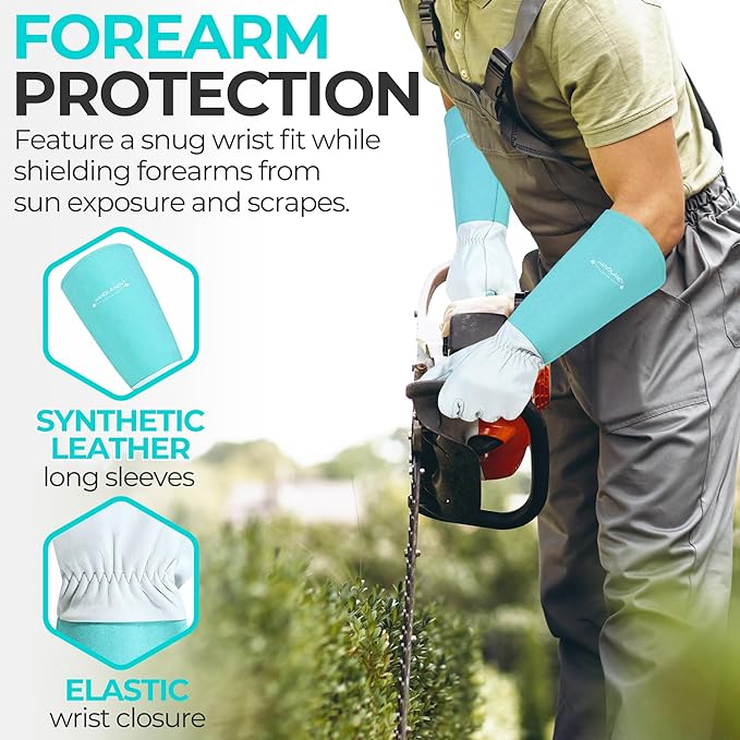 HANDLANDY Long Gardening Gloves for Men & Women, Thorn Proof Rose Pruning Gloves Leather Gauntlets Garden Glove Yard Work Glove (Teal Green, Medium)