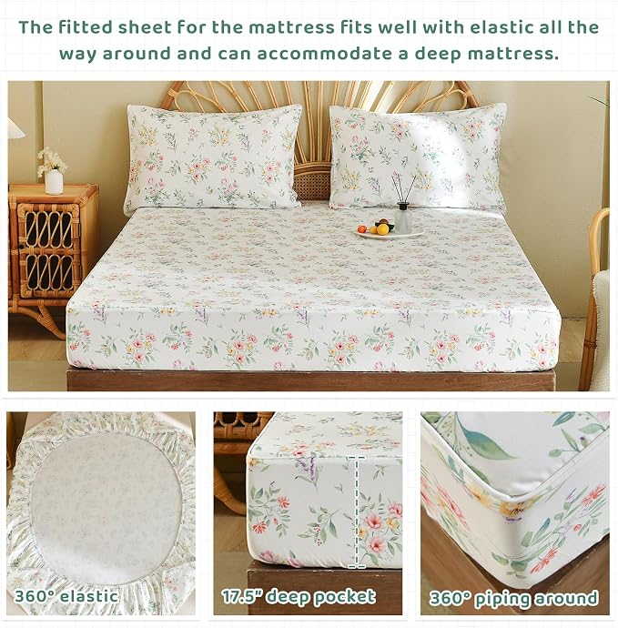 QSH Green Floral Sheets Queen Size,Yellow Flowers Botanical Pattern Printed Bedding Sheets 100% Egyptian Cotton Sheet Queen Size Set Extra Soft and Breathable 17.5" Deep Pockets Bed Sheet 4pcs