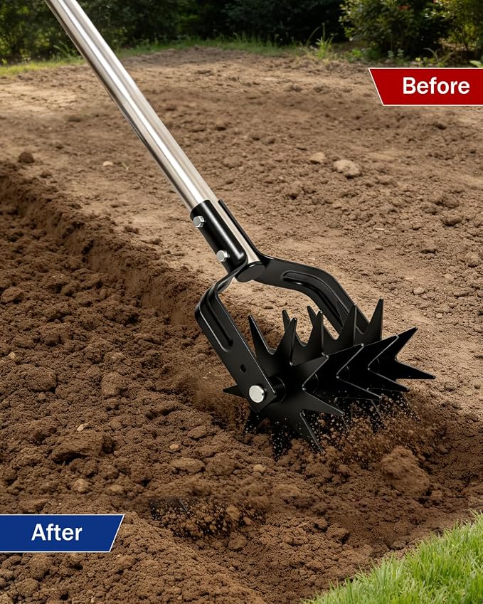 Joyhalo Rotary Cultivator Garden Tool, Manual Hand Tiller with 57in Adjustable Stainless Steel Pole and Parallel-Blades Tines for Reseeding Grass, Soil Aeration, and Small Garden Beds