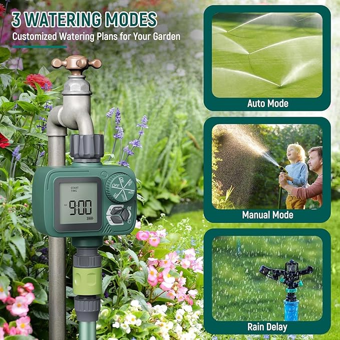 Sprinkler Timer, Programmable Hose Timer with Rain Delay, Manual and Automatic Watering System, Water Timers for Garden Hose