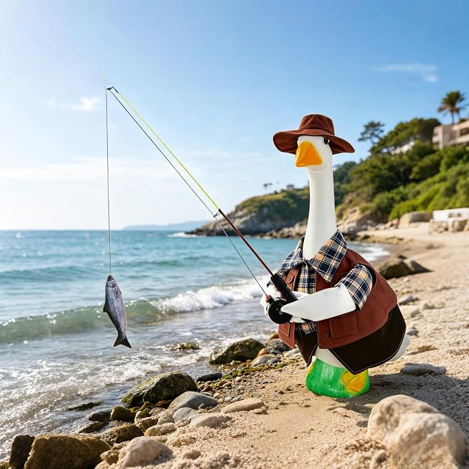Fishing Porch Goose Outfits, Fisherman Costume for 23 Inch Plastic/Cement Goose, Goose Sculpture Clothes for Summer Yard Patio Party Decoration(Fishing Enthusiast 2)