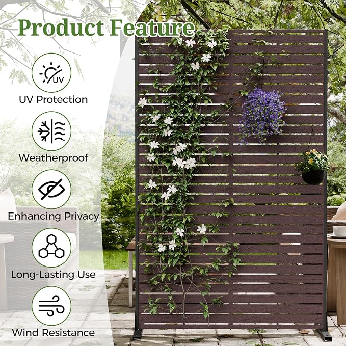 Privacy Screen Outdoor 72" Hx47 W Freestanding Privacy Panel with Stand, HDPE Decorative Privacy Fence with Sandblasting Louver Pattern, Patio Divider Screen, Privacy Screens for Outside