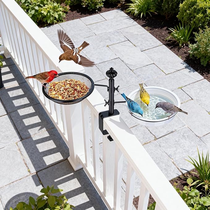 Deck Bird Feeders with Metal Tray and Water Bowl, BOLITE Balcony Bird Feeders Detachable Adjustable Heavy Duty Clamp Bracket, Attracting Birds, Black, Gifts for Women Men