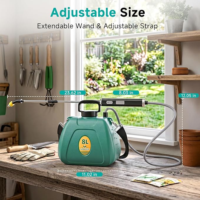 Battery Powered Garden Sprayer 2 Gallon, 7.4V High Pressure Rechargeable Weed Sprayer with 3 Pressure Mode, 5 Spray Nozzles, Telescopic Wand, Battery Indicator, Adjustable Strap for Lawn Garden, Green