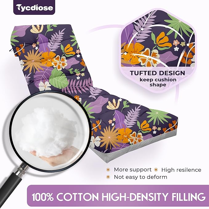 Outdoor Chaise Lounge Chair Cushion, 71 x 22 x 4.7 Inches Waterproof Chaise Lounge Cushions Thickened for Outdoor Furniture, Non-Slip Patio Lounge Chair Cushions, Purple Floral Leaf
