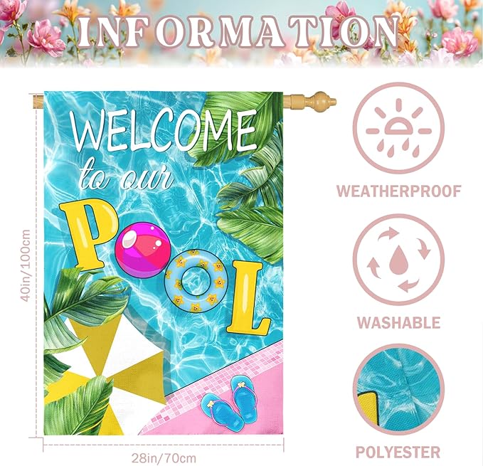 Welcome to Our Pool Garden Flag Vertical Double Sided Summer Swimming Pool Yard Flag Palm Leaf Parasol House Flags 28 x 40 Inch Holiday Party Seasonal Farmhouse Banner Outdoor Decor