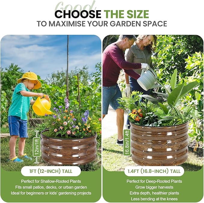 G GOOD GAIN Round Raised Garden Bed - 2Pcs 2x2x1.4ft Galvanized Steel Planter Boxes Outdoor with Rubber Edge Trim | Metal Raised Beds for Gardening Vegetables Flowers Fruits Herbs (Wood Grain)