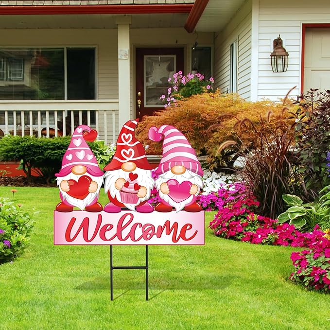 JarThenaAMCS Valentine's Day Metal Garden Stakes Red Pink Heart Gnome Yard Stake Decorative Welcome Lawn Sign for Wedding Anniversary Home Outside Lawn Porch Decor
