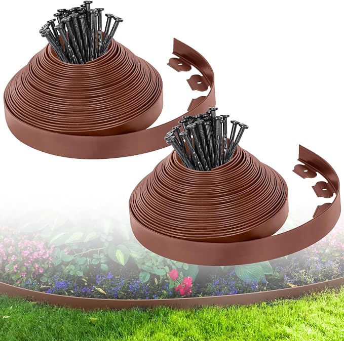 2-Inch x 100 FT Landscape Edging Border with 150 Spikes, Plastic Edging for Landscaping Garden Edging Border, Flexible Landscaping Edging for Garden Flower Beds Yard Lawn Pathway Paver (Brown)