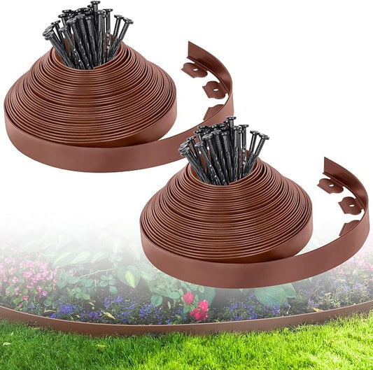 2-Inch x 100 FT Landscape Edging Border with 150 Spikes, Plastic Edging for Landscaping Garden Edging Border, Flexible Landscaping Edging for Garden Flower Beds Yard Lawn Pathway Paver (Brown)
