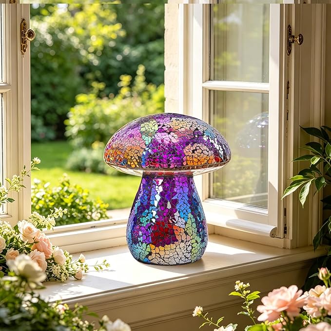 Bshine Mushroom Garden Statue Decoration, Colorful Mosaic Mushroom Sculptures Home Decor, Outdoor Waterproof Handmade Glass for Yard, Path, Lawn Ornaments or Gifts for Mom (Purple)