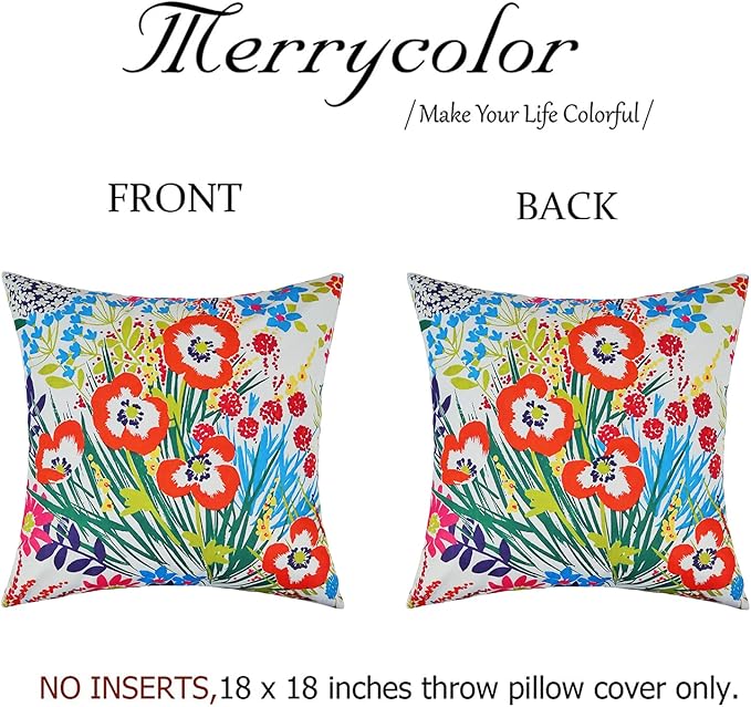 Merrycolor Pack of 2 Outdoor Pillow Covers 18x18 Waterproof Decorative Floral Square Pillowcase Cushion Cases Outdoor Pillows for Patio Furniture Garden Balcony Couch
