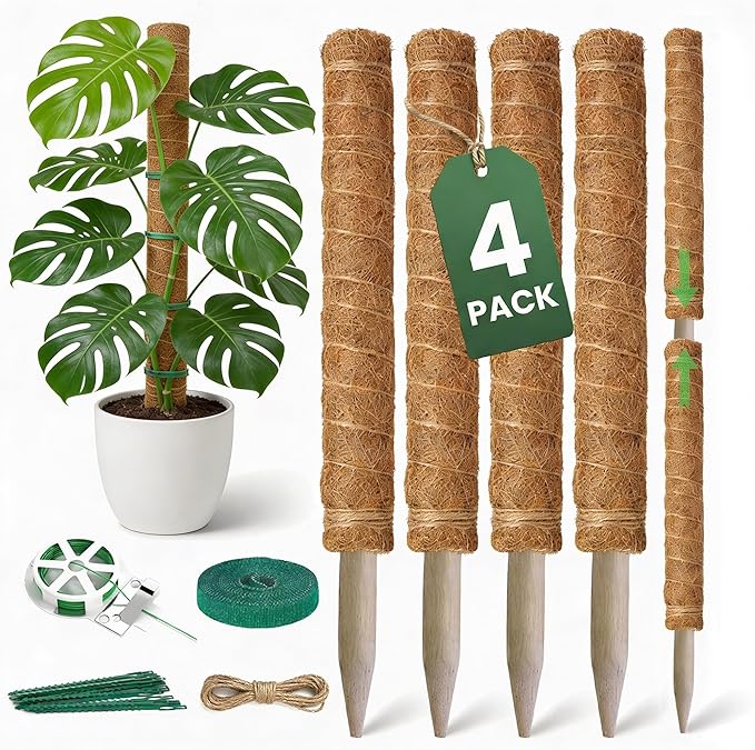 4 Pack 16" Moss Pole Monstera Plant Support - Stackable up to 48" - Plant Stakes for Indoor Climbing Plants Potted - Tall Coco Coir Pole Sticks & Accessories for Monstera, Pothos & Philodendron
