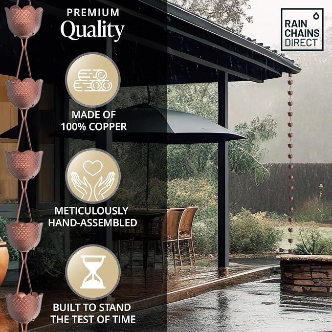 Rain Chains Direct - Pineapple Rain Chain - 8.5 FT - Pure Solid Copper - Premium Rain Chains for Gutters