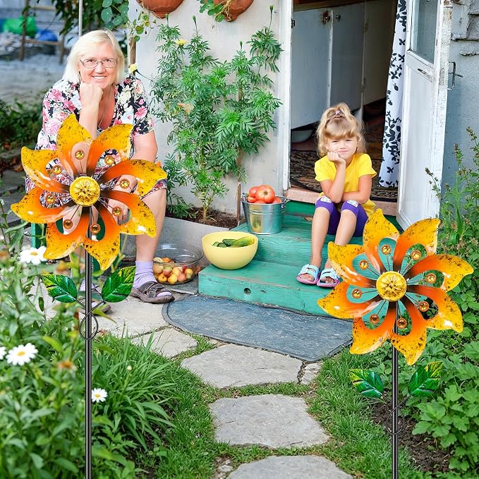 2pcs Metal Wind Spinners Outdoor with Stake for Yard Lawn Garden | 36.8in Wind Sculpture Spinner with Metal Stake, Waterproof Spinners Green Kinetic Wind Spinner for Yard Lawn Decor (Yeloow)