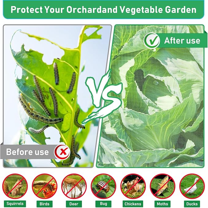 GonLei 10x 50FT Garden Mesh Netting Kit Raised Beds (6 Pcs Garden Hoops & 18 Clips) Garden Hoops Plant Netting Protection Row Covers Berry Bush Truit Trees Vegetables Grass Seed Barrier Net