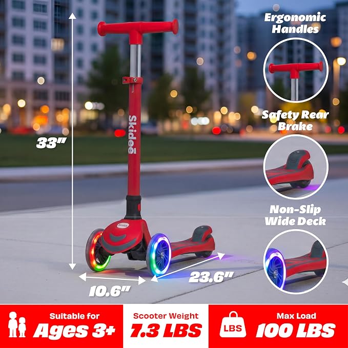 SKIDEE Kick Scooter for Kids Ages 3-5 | Foldable 3 Wheel Scooter with Lean-to-Steer, Adjustable Height, Removable Seat & LED Light Wheels | Toddler Scooter Up to 12 Year Old Boys/Girls
