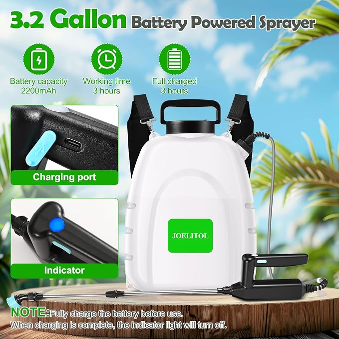 Electric Backpack Sprayer 3.2 Gallon, Battery Powered Lawn Sprayer with Ergonomic Design, USB Rechargeable Handle, Telescopic Wand & 5 Spray Nozzles