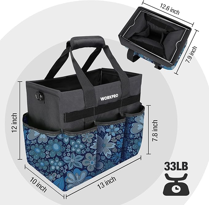 WORKPRO Garden Tool Bag Organizer, Heavy Duty Gardening Tote Bag, 10 Pockets Design with Long Adjustable Shoulder Strap, Standable Garden Home Tool Kits Organizer, Floral Blue (Tools are not Included)