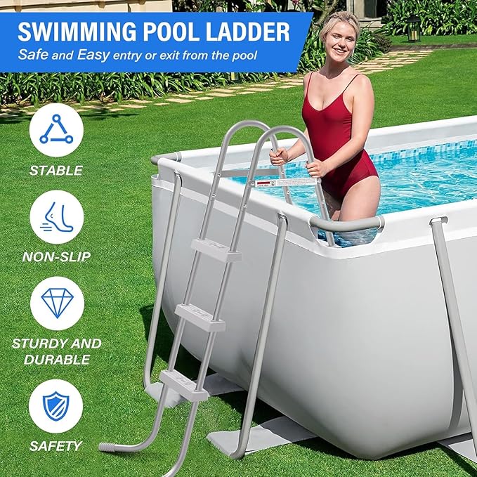 36" 3-Step Steel Frame Above Ground Swimming Pool Ladder,Heavy Duty Double Sided Removable Pool Steps,Pool Ladder Steps with Non-Slip Plastic Steps for Entry and Exit