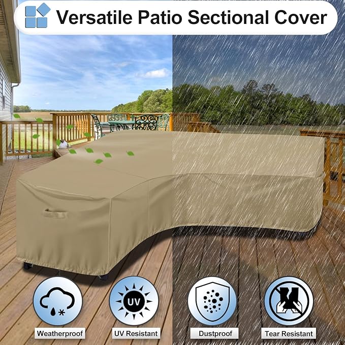 OutdoorLines Waterproof Outdoor Patio Sectional Cover - UV Resistant & Windproof V-Shaped Patio Furniture Covers for Deck, Lawn and Backyard, 420D Heavy Duty Couch Cover 89" L (on Each Side) Camel