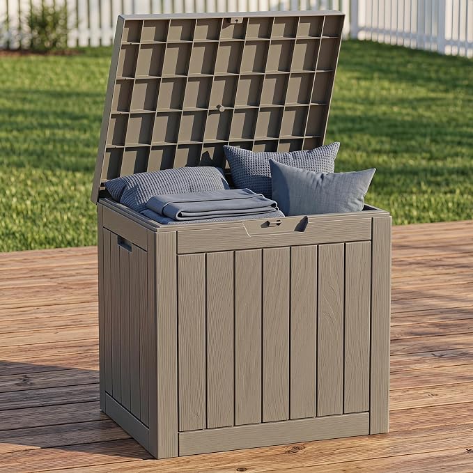 NicBex 30 Gallon Deck Box, Waterproof Resin Outdoor Storage Box Lockable for Patio Furniture, Fade Resistant Patio Side Table & Organizer for Garden Tools, Pool Floats, Outdoor Cushions, Light Coffee