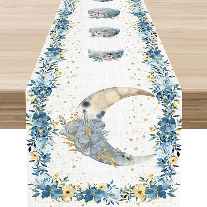 Floral Moon Table Runner, Boho Spring Blue Flower Leaves Seasonal Mystical Gothic Moon Phase Coffee Table Center Decor for Family Party Kitchen Outdoor Farmhouse Wedding Table Decorations, 13" X 36"