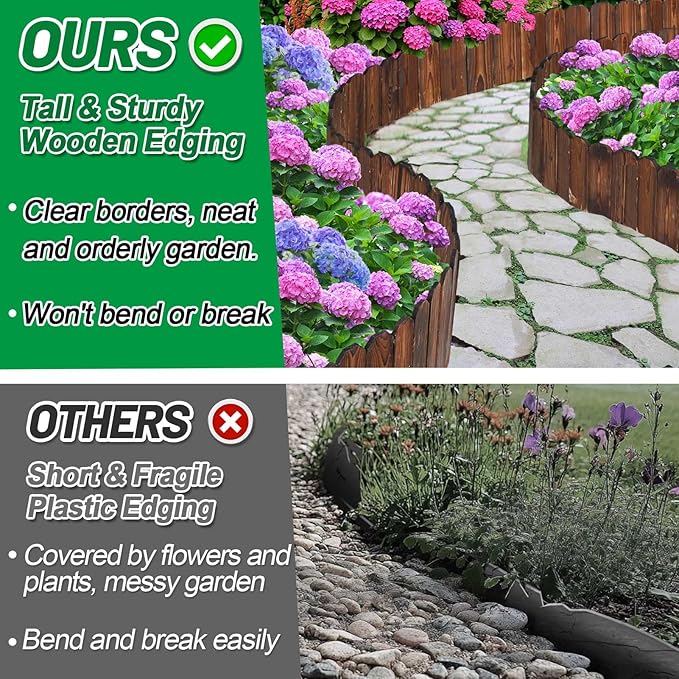 Wooden Garden Edging - 6.6ft x 11.8in Pine Landscape Border, Flexible Weather-Resistant Fences for Decorate Spring Outdoor Patio Yard Lawn Flower Beds