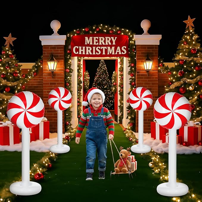Simgoing 4 Pcs Christmas Inflatables Candy Outdoor Decorations 4 FT Christmas Candy Inflatable Column Blow up Decoration for Winter Xmas Lawn Yard Garden Home Decor(Red, White)