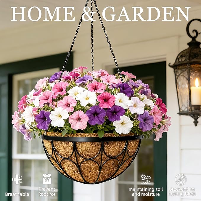 4 Pack 14 Inch Hanging Planters for Outdoor Plants，Large Wire Flower Hanging Basket with Coco Liners for Balconies, Patios, Porch, Terraces Decor