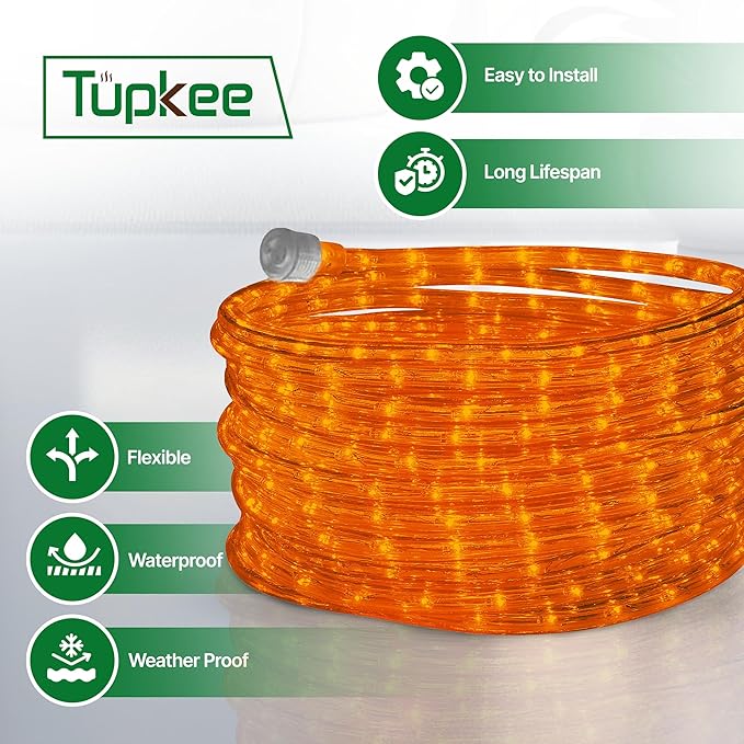 Tupkee LED Rope Light Orange - for Indoor and Outdoor use, 24 Feet (7.3 m) - 10MM Diameter - 144 LED Long Life Bulbs Rope Tube Lights