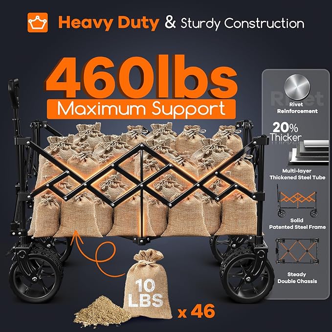 Originsure 220L Collapsible Wagon Cart Foldable, 460lbs Load Capacity Heavy Duty Folding Beach Wagons with Big All-Terrain Wheels, Utility Carts for Groceries, Shopping, Camping, Sports - Grey&Blue