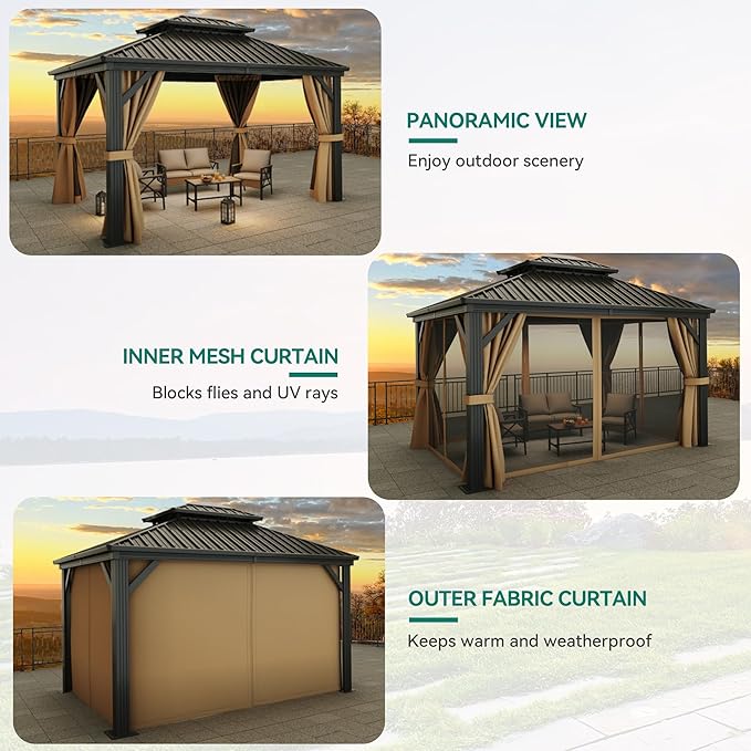 YITAHOME 10x12 ft Hardtop Gazebo with Netting and Shaded Curtains, Outdoor Metal Gazebo 2-Tier Hardtop Galvanized Iron Aluminum Frame Garden Tent for Patio, Backyard, Deck and Lawns
