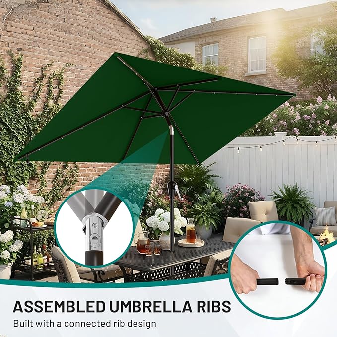 AreShark 6.5' x 10' Rectangular Patio Umbrella with Solar Lights, Solar Powered Lighted Market Umbrella w/Tilt and Crank, Outdoor Table Umbrella for Garden, Deck, Backyard, Pool, Dark Green